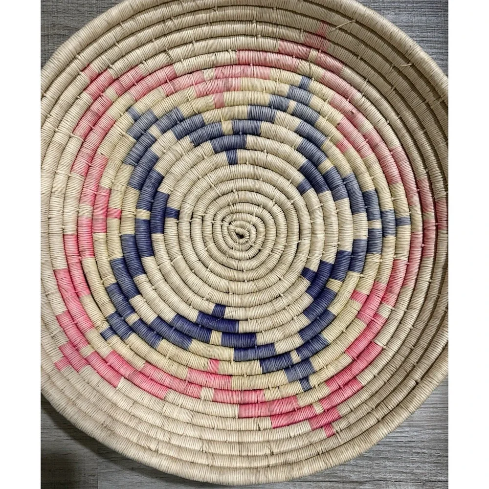 Handmade Woven African Coiled Basket Wall Decor Pink Blue Star Petal Boho